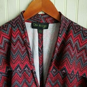 DN Design Jacket Womens 18 Red Geometric Open Front Collarless Jersey Unlined